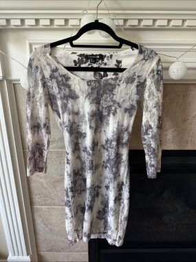 White and Gray Floral Lace Long Sleeve Bodycon Dress